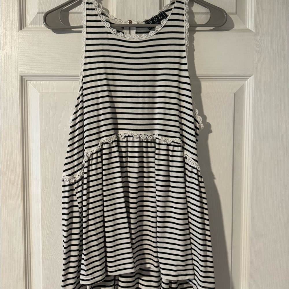 POL Black & White Striped Lace-Trim Sleeveless Top